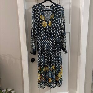 Johnny Was Ciaga Mixed Print Maxi Dress Tassel Long Sleeve Size XL Boho resort